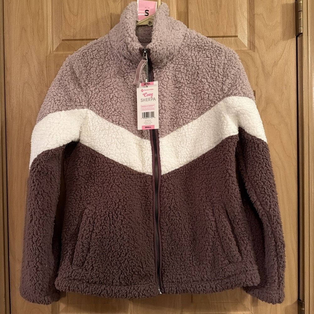 MEMBERS MARK Cozy Sherpa Jacket TEDDY SHERPA FULL ZIP Mauve/White Color Block. S